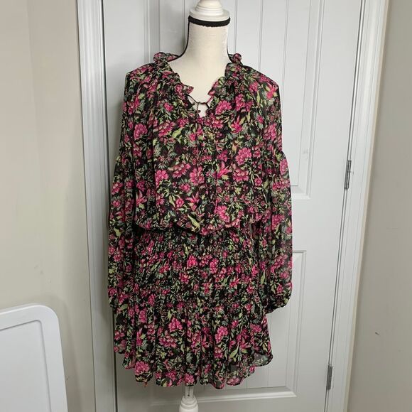 MISA Los Angeles Floral Long Sleeve Ruffle Mini‎ Dress Pink boho summer Size M - Picture 1 of 6